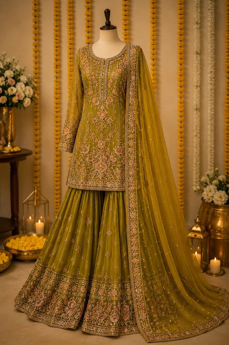 Pakistani mehndi outfit idea with colorful festive Eastern suit and printed dupatta by Al Araf