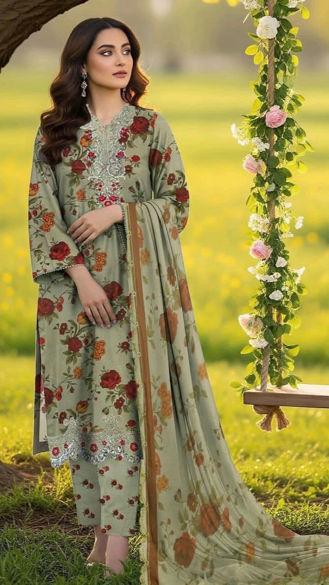 Printed lawn dupatta styled with women's Eastern suit for Pakistani festive wear by Al Araf