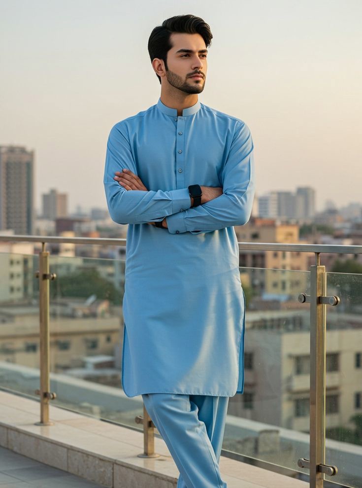 Men's washing wear suit in sky blue for daily Eastern wear by Al Araf