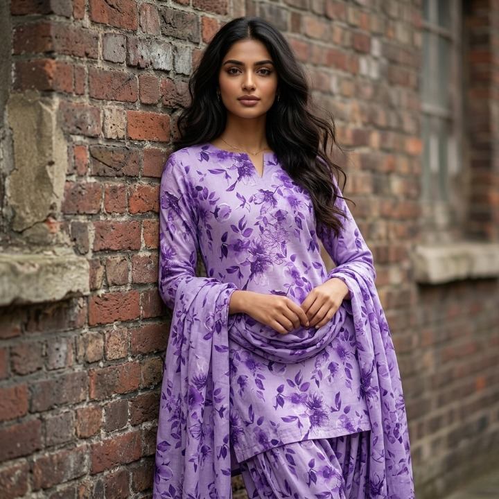 Royal Violet Floral Printed Lawn
